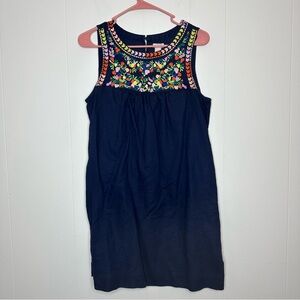 J. Crew Navy Blue Linen Cotton Embroidered Floral Shift Yoke Dress 4 Cottagecore
